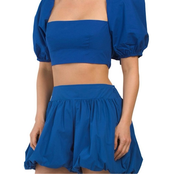 NWT Susana Monaco Blue Nocturnal Puff Sleeve Cotton Poplin Crop Top Sz M - Picture 3 of 11